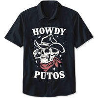 Men's Funny Western Cowboy Skull Hola Putos Spanish Slang Short Sleeve Shirts