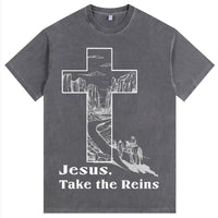 Men's 100% Cotton Western - Cross "Jesus, Take the Reins" Short Sleeve T-Shirt