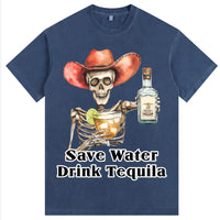 Men's 100% Cotton Tequila-Themed Skeleton Short Sleeve T-Shirt