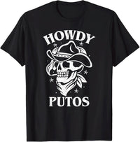 Men's Funny Western Cowboy Skull Hola Putos Spanish Slang Cotton T-Shirt